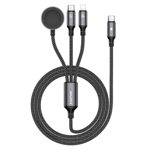 AWEI W23 1.2m Type-C to Type-C + iP + Wireless Charger for Apple Watch 3-in-1 Charging Cable - Black - 1