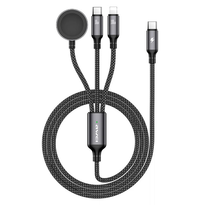 AWEI W23 1.2m Type-C to Type-C + iP + Wireless Charger for Apple Watch 3-in-1 Charging Cable - Black - 1