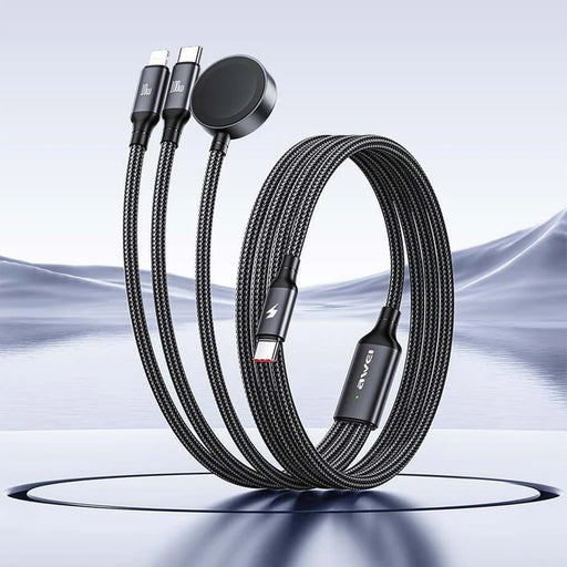 AWEI W23 1.2m Type-C to Type-C + iP + Wireless Charger for Apple Watch 3-in-1 Charging Cable - Black - 2