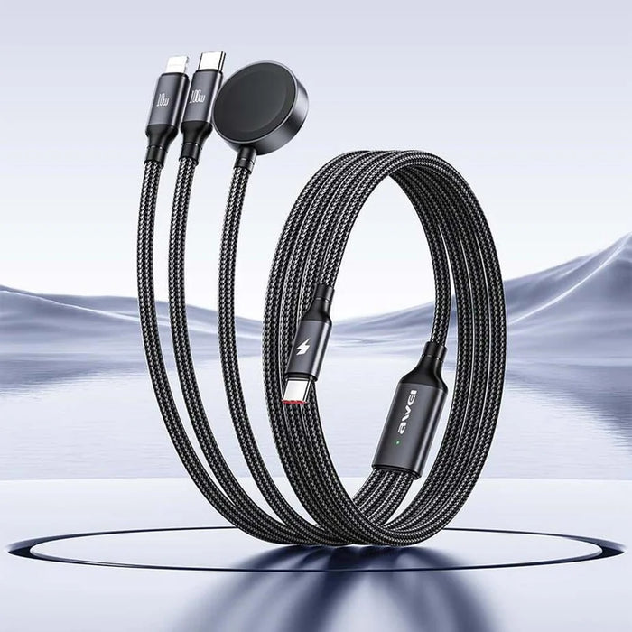 AWEI W23 1.2m Type-C to Type-C + iP + Wireless Charger for Apple Watch 3-in-1 Charging Cable - Black - 2