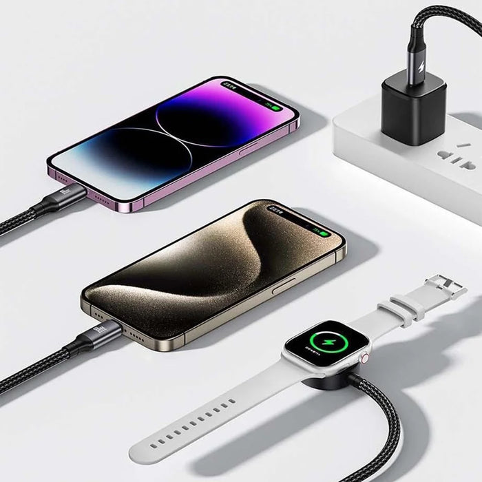 AWEI W23 1.2m Type-C to Type-C + iP + Wireless Charger for Apple Watch 3-in-1 Charging Cable - Black - 3