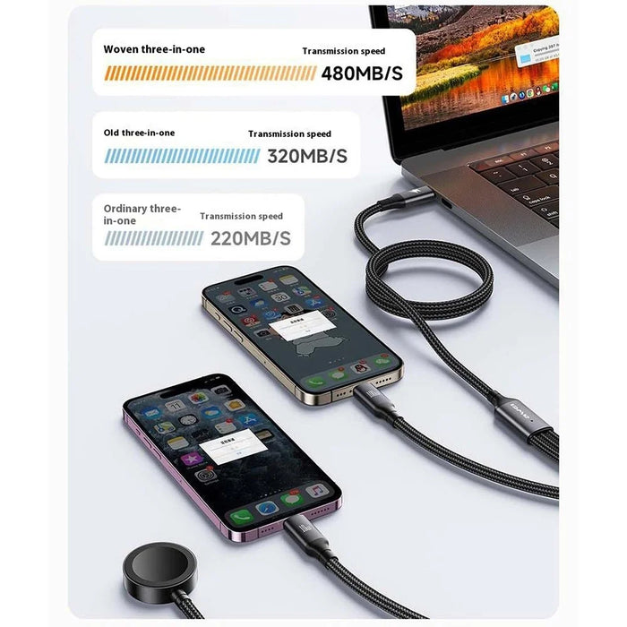 AWEI W23 1.2m Type-C to Type-C + iP + Wireless Charger for Apple Watch 3-in-1 Charging Cable - Black - 7