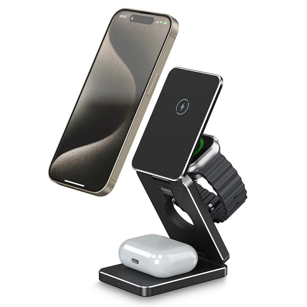 AK30 3-in-1 Foldable Charging Stand Phone Watch Earphone Aluminum Alloy 15W Magnetic Wireless Charger - 1