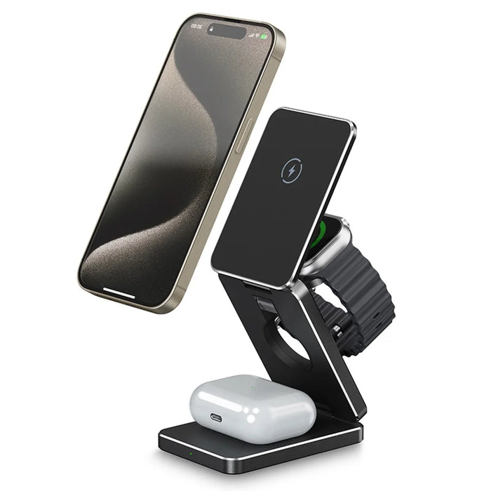 AK30 3-in-1 Foldable Charging Stand Phone Watch Earphone Aluminum Alloy 15W Magnetic Wireless Charger - 1