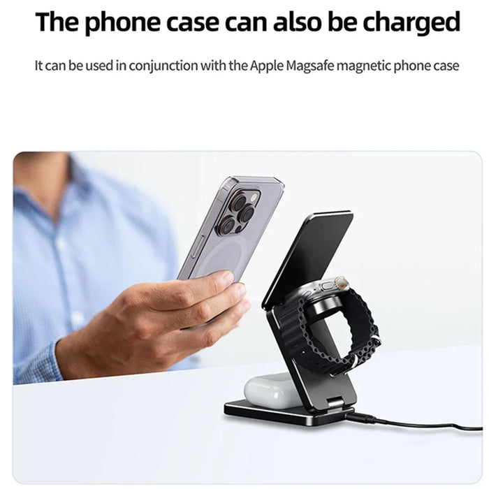 AK30 3-in-1 Foldable Charging Stand Phone Watch Earphone Aluminum Alloy 15W Magnetic Wireless Charger - 4