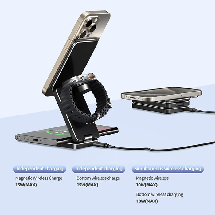 AK30 3-in-1 Foldable Charging Stand Phone Watch Earphone Aluminum Alloy 15W Magnetic Wireless Charger - 5