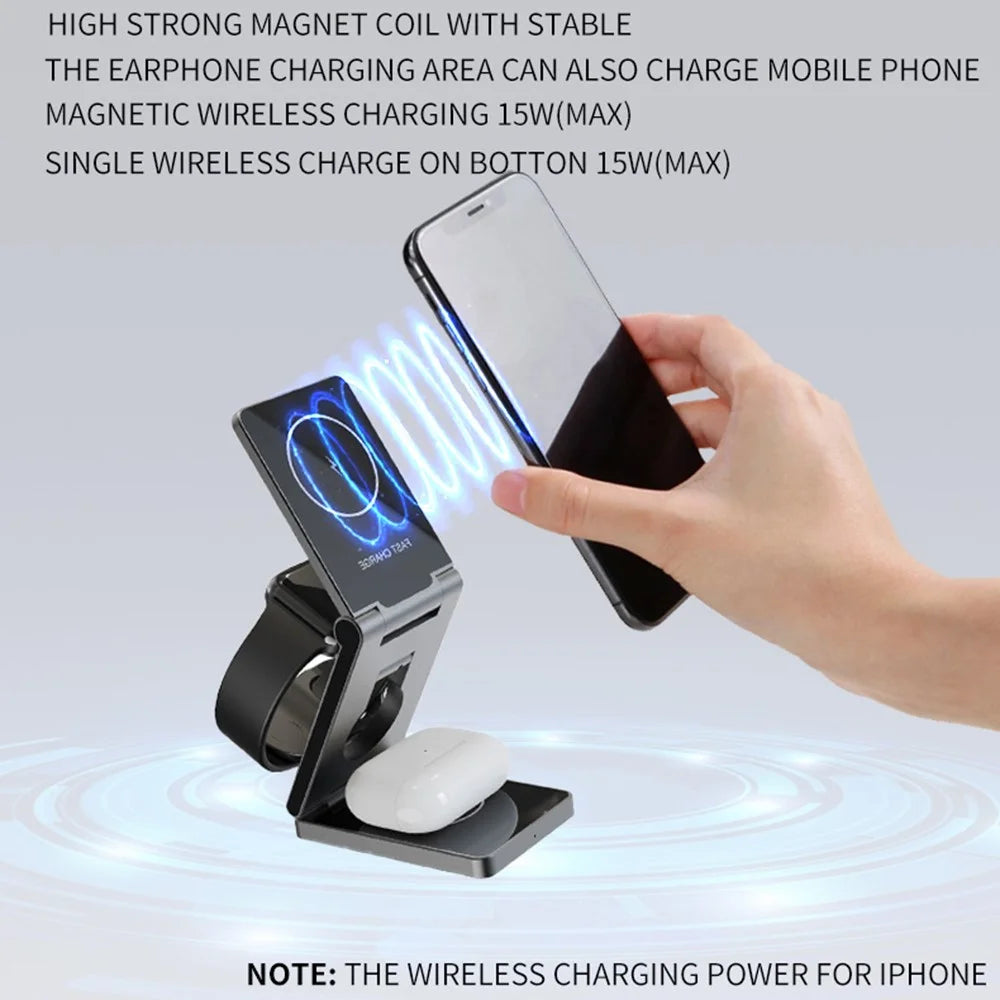 YT10 3-in-1 Foldable Phone Watch Earphone Aluminum Alloy 15W Magnetic Wireless Charger - 7
