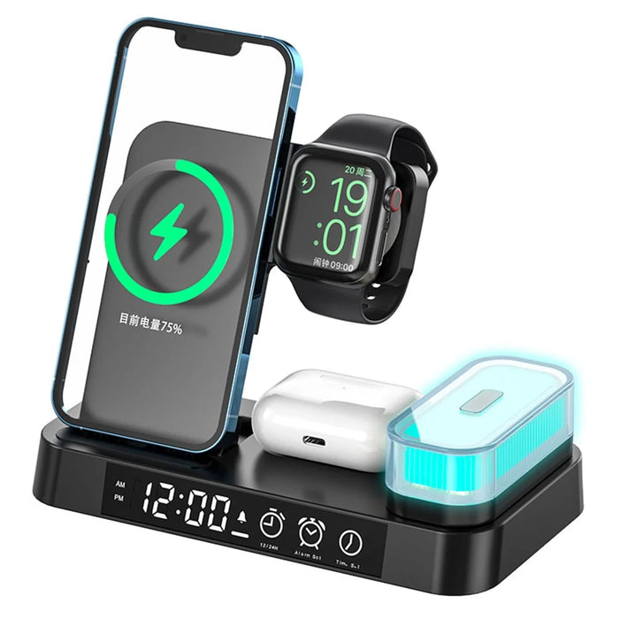 A37 3 in 1 Foldable Phone Watch Earphone 15W Wireless Charger Digital Clock RGB LED Night Light - Black - 1