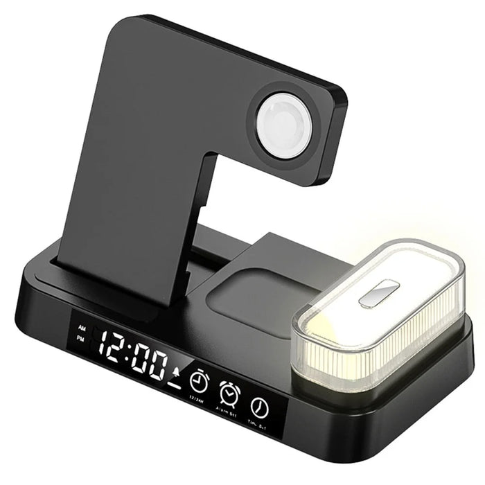 A37 3 in 1 Foldable Phone Watch Earphone 15W Wireless Charger Digital Clock RGB LED Night Light - Black - 2