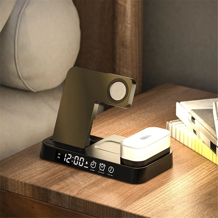 A37 3 in 1 Foldable Phone Watch Earphone 15W Wireless Charger Digital Clock RGB LED Night Light - Black - 3