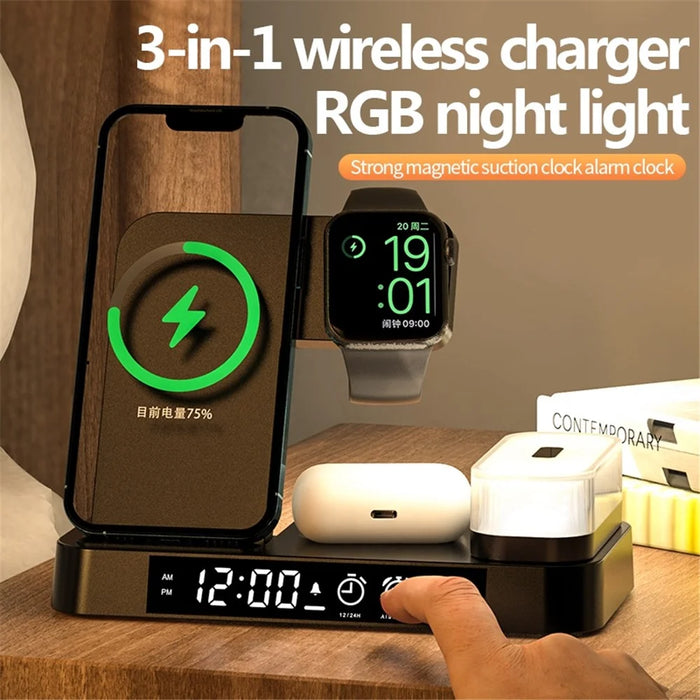 A37 3 in 1 Foldable Phone Watch Earphone 15W Wireless Charger Digital Clock RGB LED Night Light - Black - 5