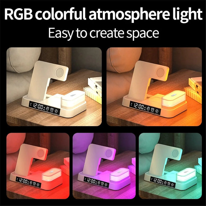 A37 3 in 1 Foldable Phone Watch Earphone 15W Wireless Charger Digital Clock RGB LED Night Light - Black - 6