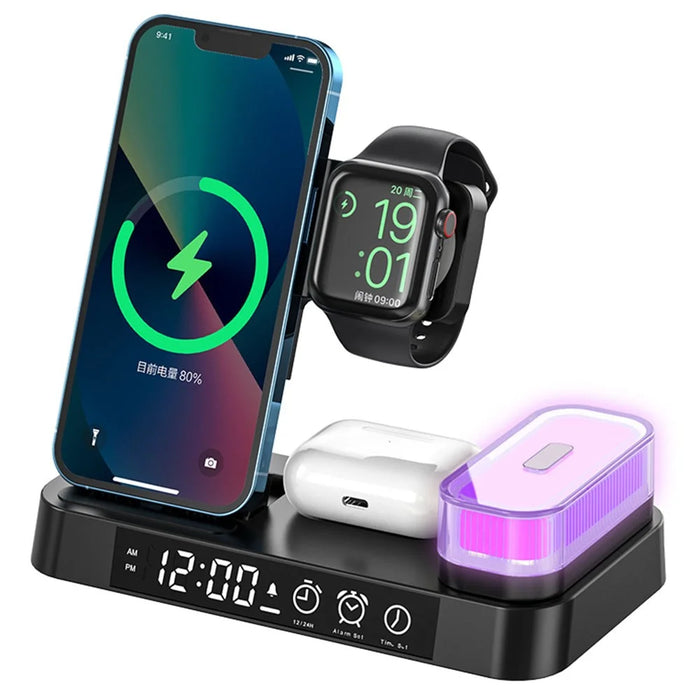 A37 3 in 1 Foldable Phone Watch Earphone 15W Wireless Charger Digital Clock RGB LED Night Light - Black - 7