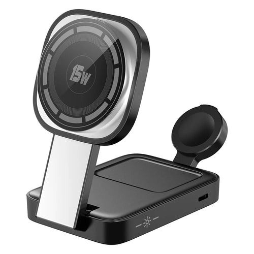 C40 3-in-1 Foldable Charging Stand Phone Watch Earphone 15W Magnetic Wireless Charger with LED Warm Light - Black - 1