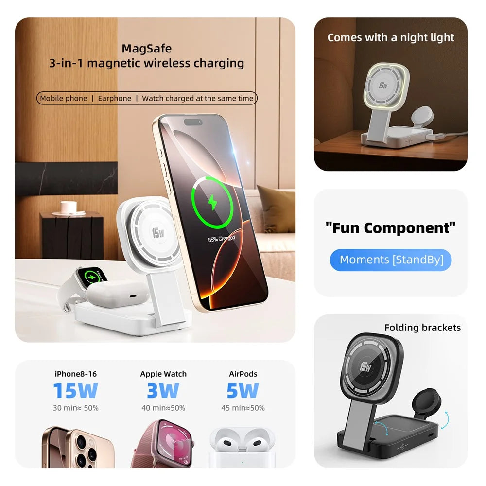 C40 3-in-1 Foldable Charging Stand Phone Watch Earphone 15W Magnetic Wireless Charger with LED Warm Light - Black - 4