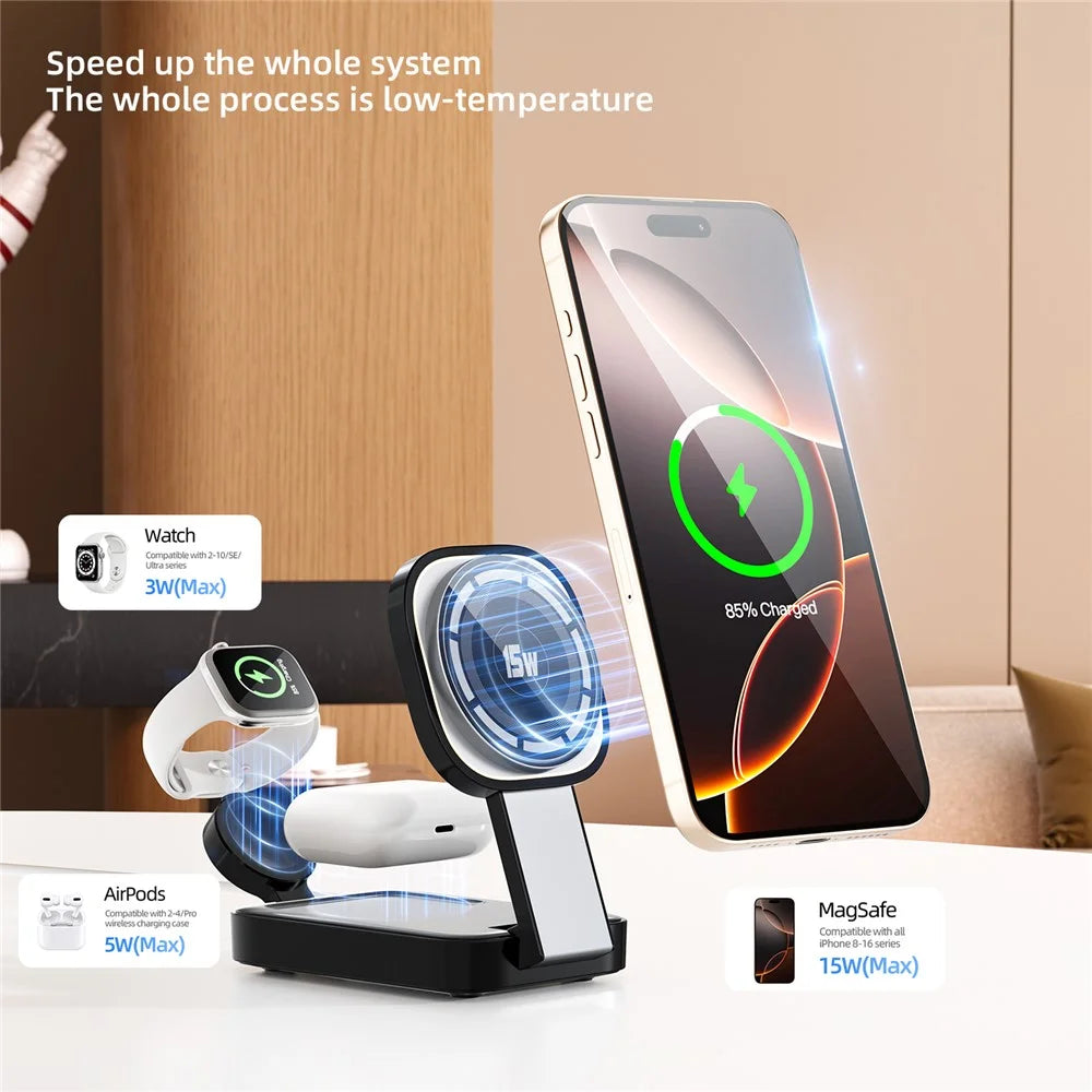 C40 3-in-1 Foldable Charging Stand Phone Watch Earphone 15W Magnetic Wireless Charger with LED Warm Light - Black - 5