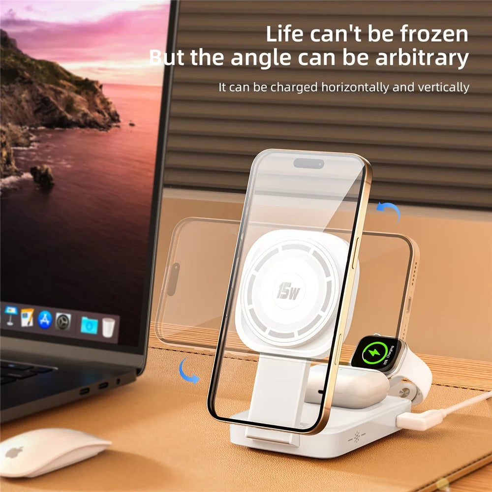 C40 3-in-1 Foldable Charging Stand Phone Watch Earphone 15W Magnetic Wireless Charger with LED Warm Light - Black - 6