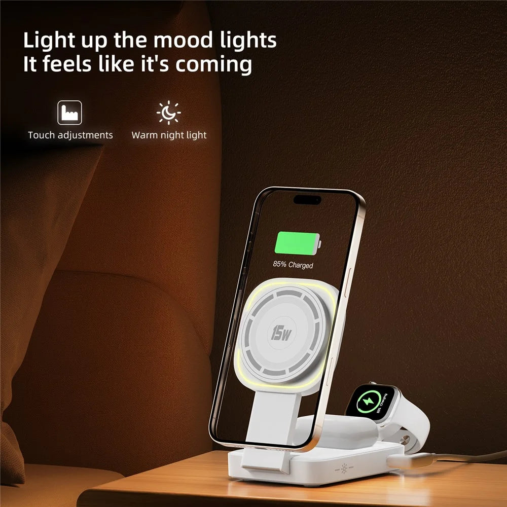 C40 3-in-1 Foldable Charging Stand Phone Watch Earphone 15W Magnetic Wireless Charger with LED Warm Light - Black - 7