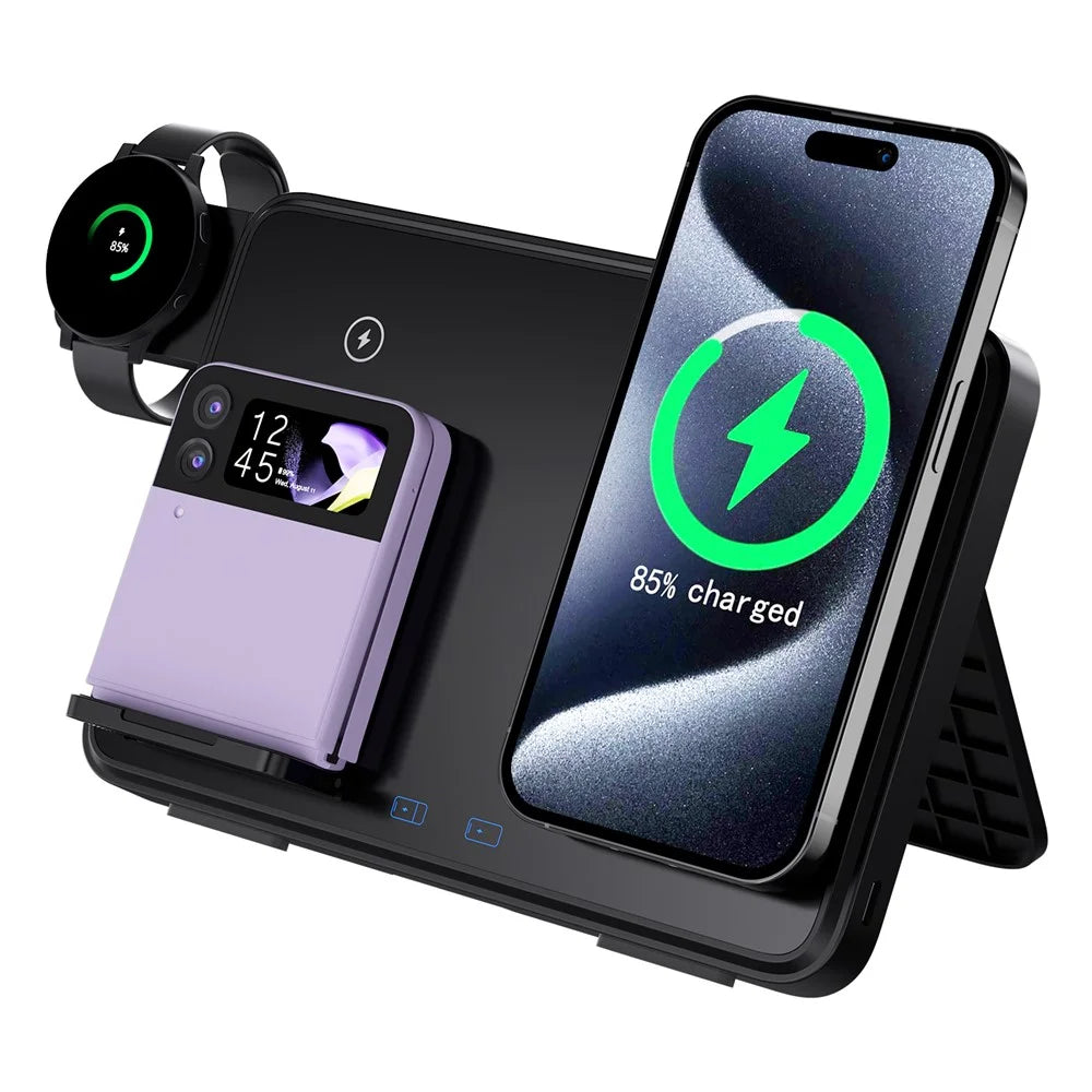 C30 15W Dual Ring Foldable 3 in 1 Wireless Charger Watch Earphone Phone Magnetic Wireless Charger - Black - 4