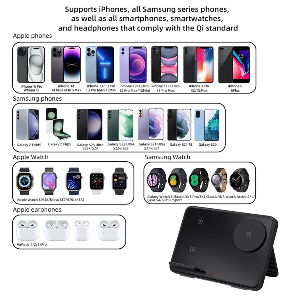 C30 15W Dual Ring Foldable 3 in 1 Wireless Charger Watch Earphone Phone Magnetic Wireless Charger - Black - 5