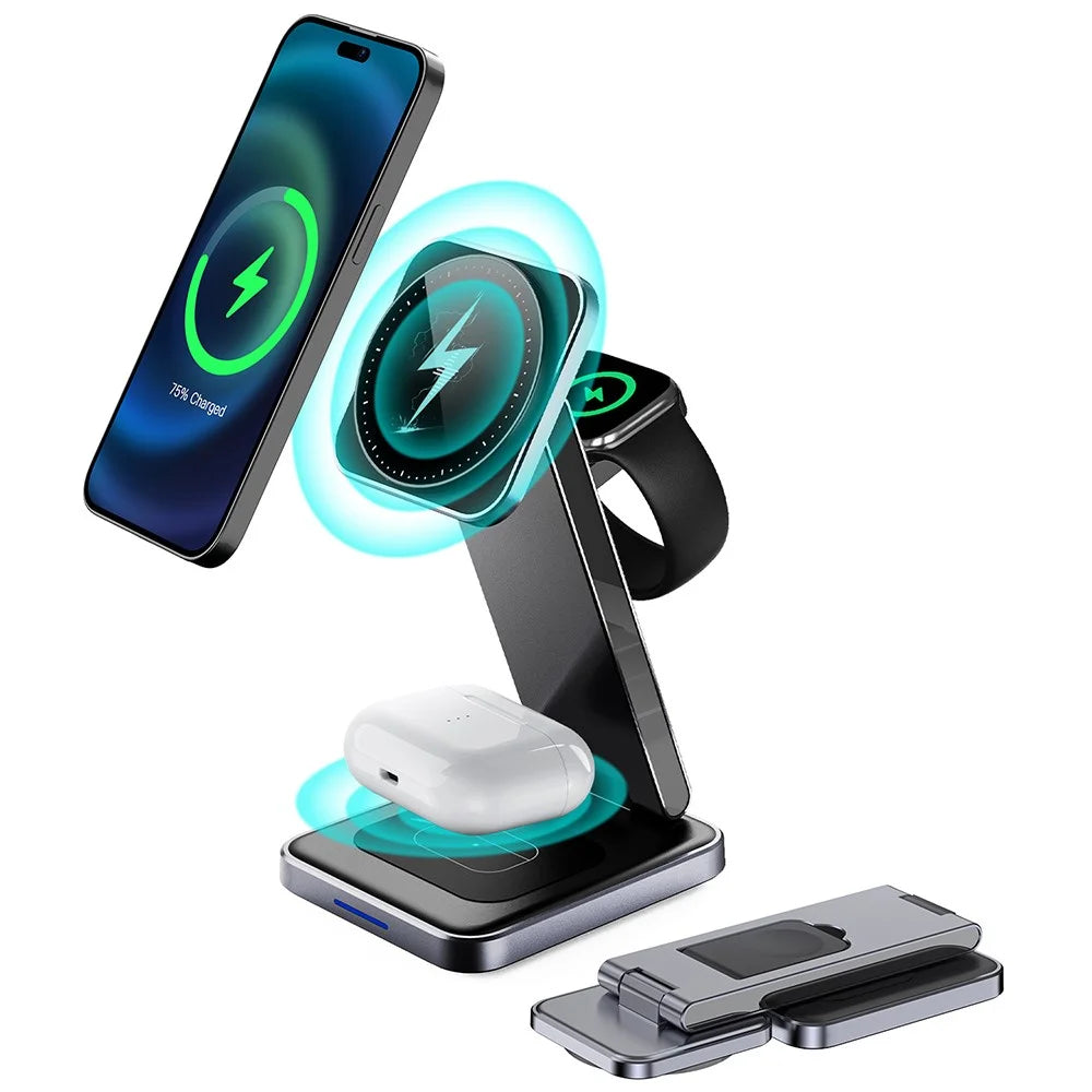 DH11 3-in-1 Foldable Charging Stand Phone Watch Earphone Zinc Alloy Magnetic Wireless Charger - 1
