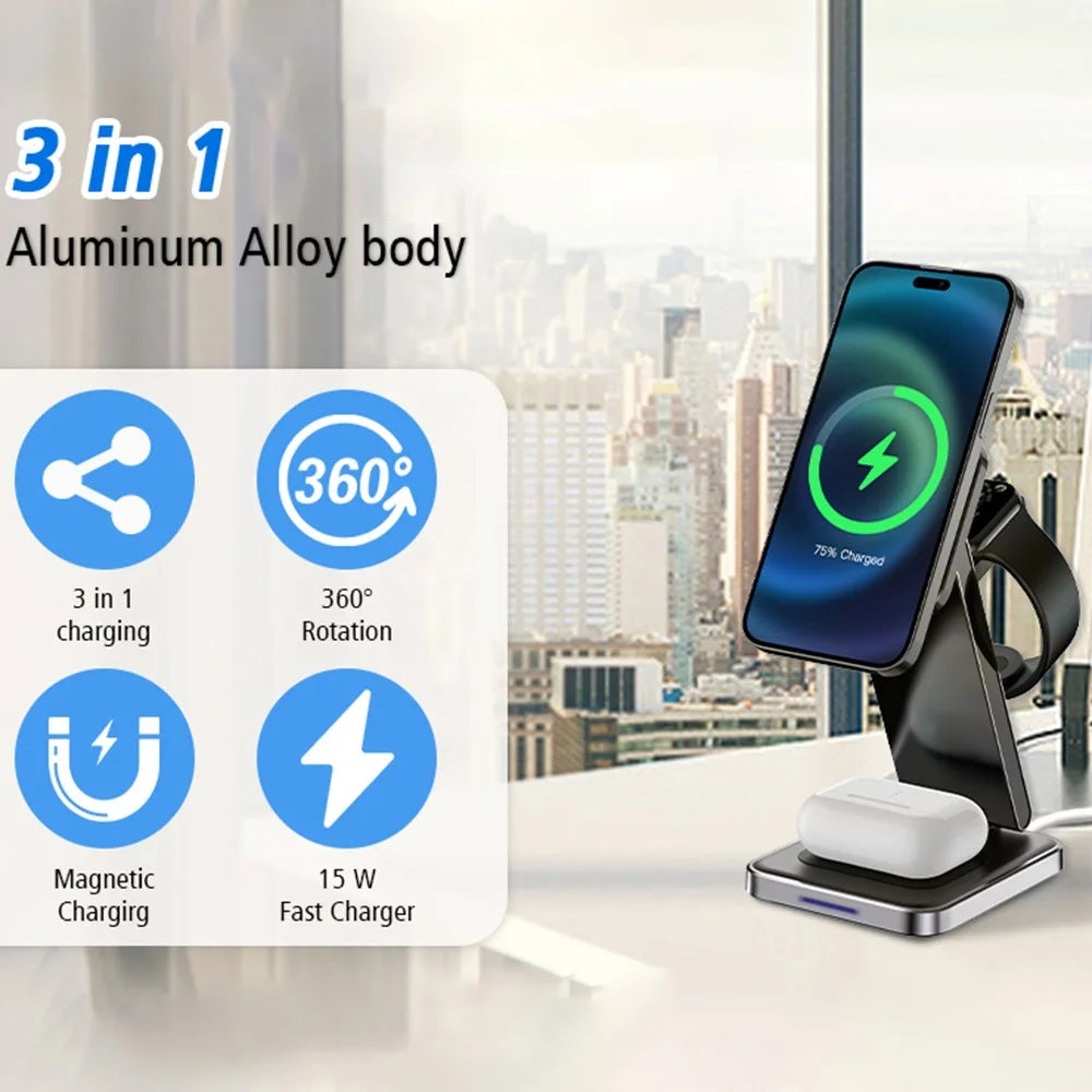 DH11 3-in-1 Foldable Charging Stand Phone Watch Earphone Zinc Alloy Magnetic Wireless Charger - 2
