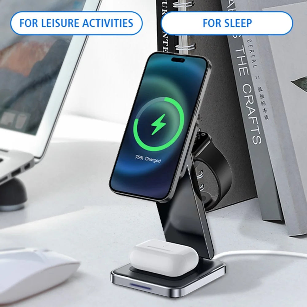 DH11 3-in-1 Foldable Charging Stand Phone Watch Earphone Zinc Alloy Magnetic Wireless Charger - 6