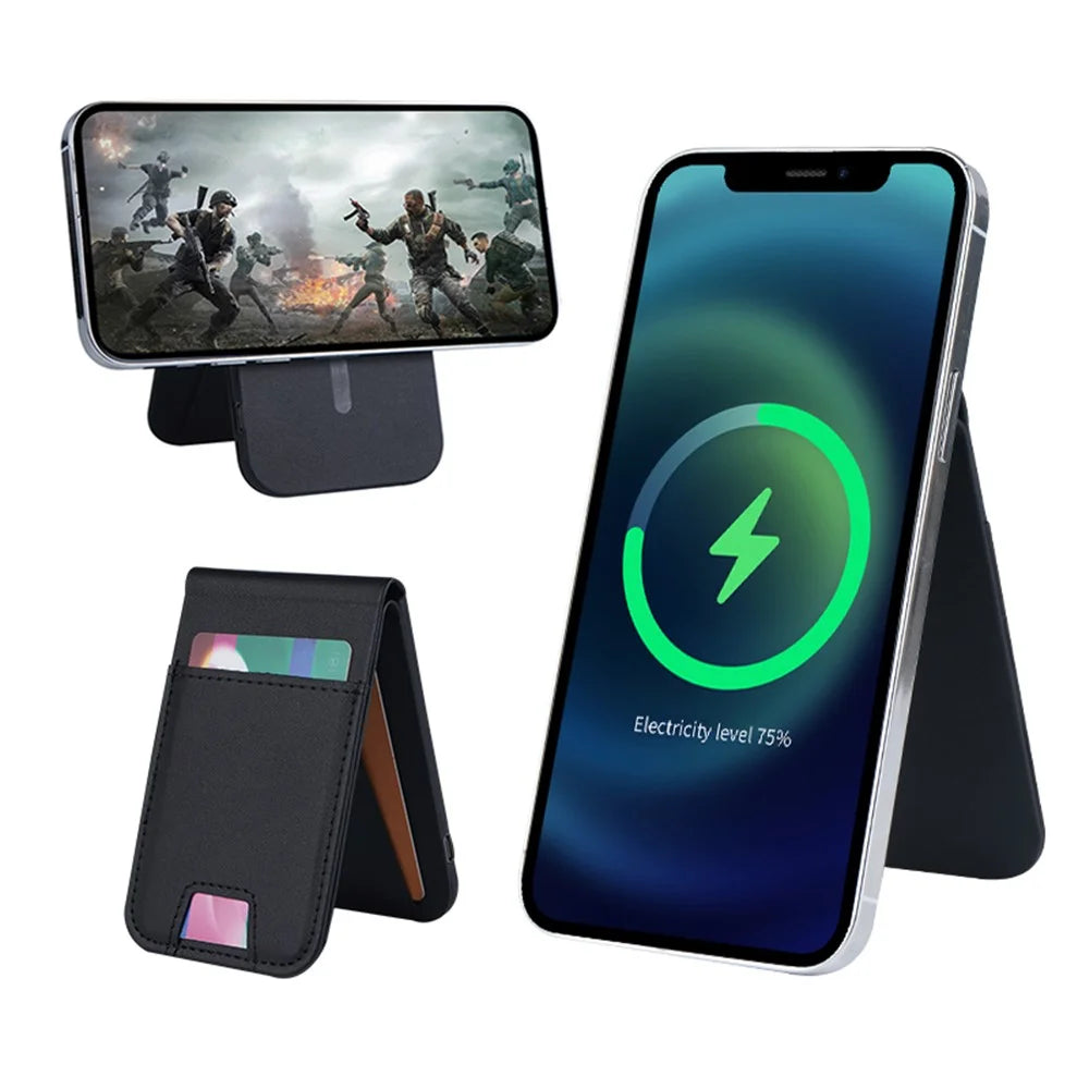 FLD-F5 3-in-1 Magnetic Wireless Charger Foldable Card Bag Mobile Phone Holder - Black - 1
