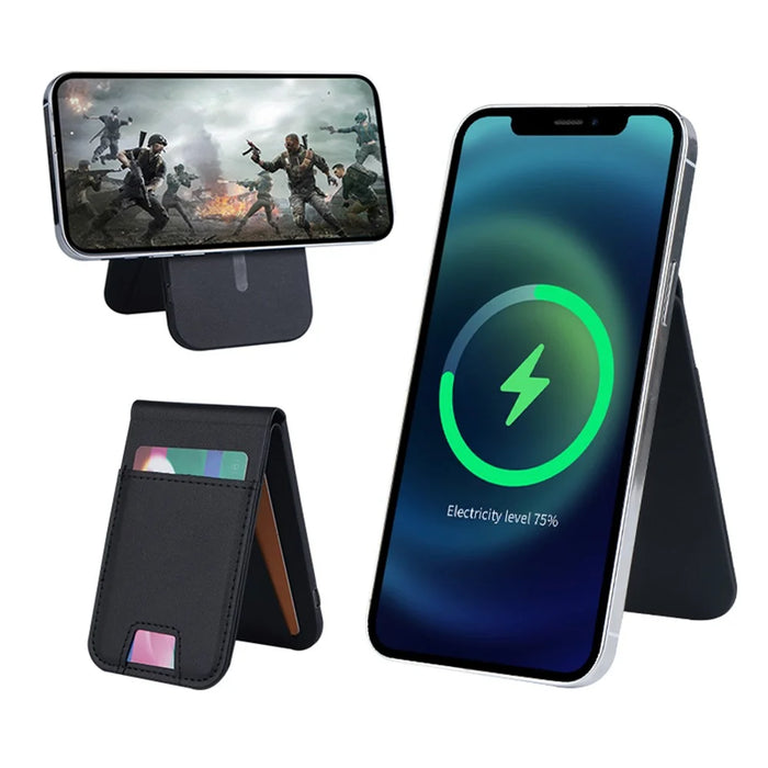 FLD-F5 3-in-1 Magnetic Wireless Charger Foldable Card Bag Mobile Phone Holder - Black - 1