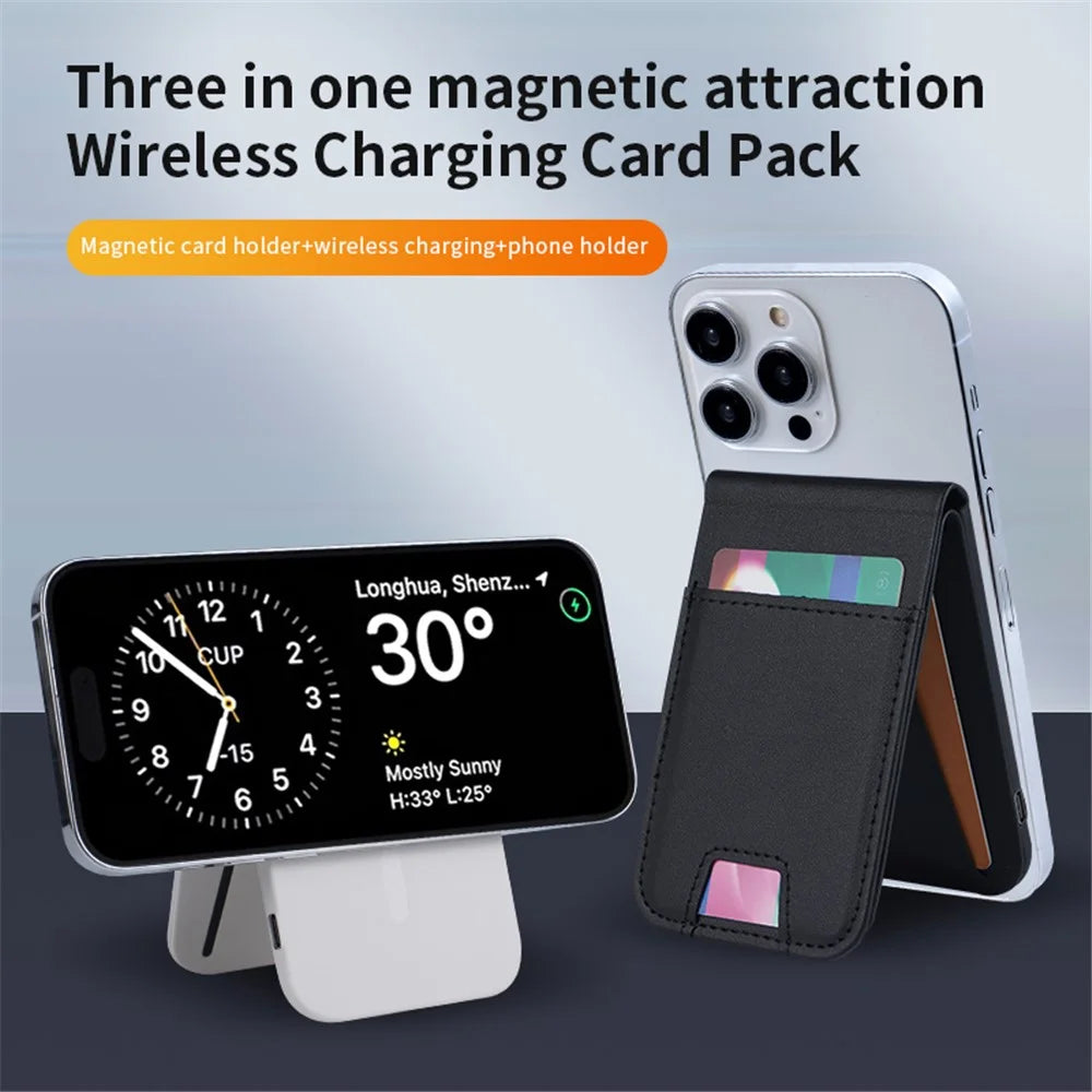 FLD-F5 3-in-1 Magnetic Wireless Charger Foldable Card Bag Mobile Phone Holder - Black - 6