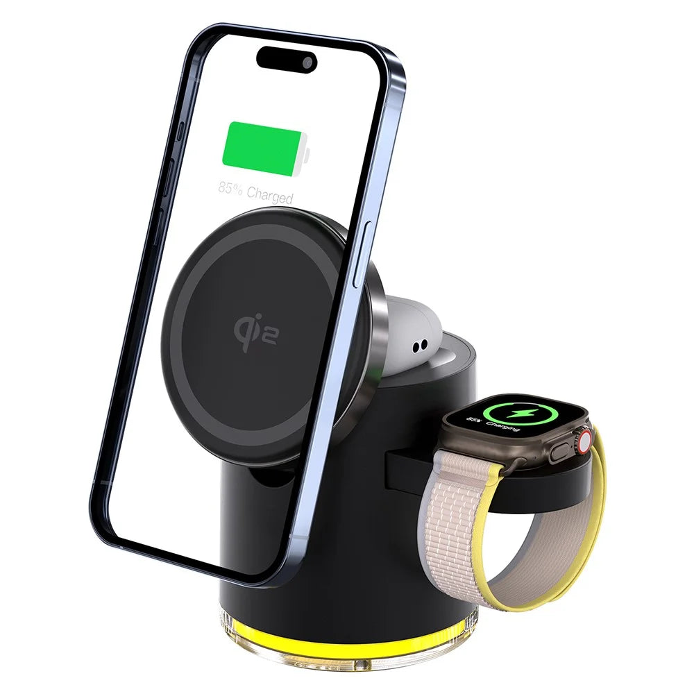 C16 QI2 Charging Stand Night Light Phone Watch Earphone 15W Magnetic Wireless Charger - Black - 1