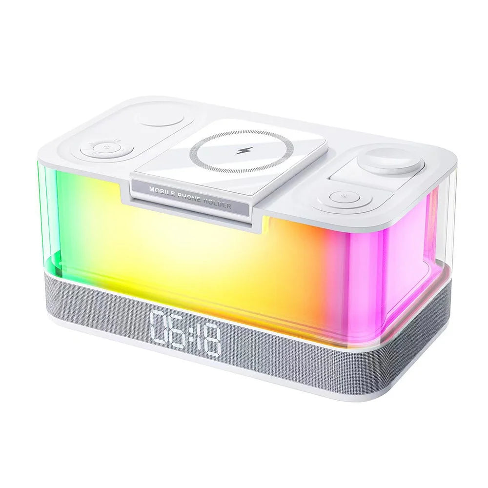 QXF-R8 Desktop Bluetooth-compatible Speaker Clock Atmosphere Light Magnetic Foldable Bracket Wireless Charger - 1