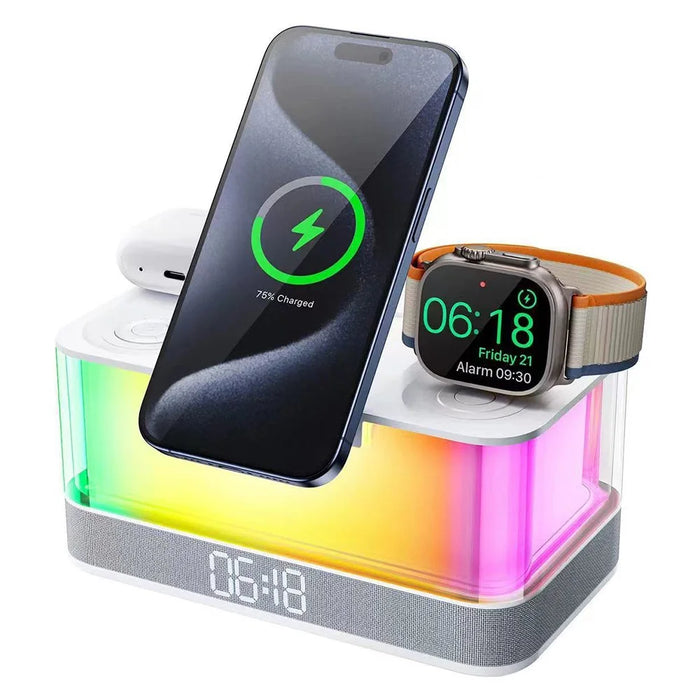 QXF-R8 Desktop Bluetooth-compatible Speaker Clock Atmosphere Light Magnetic Foldable Bracket Wireless Charger - 2