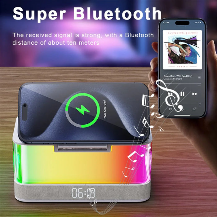 QXF-R8 Desktop Bluetooth-compatible Speaker Clock Atmosphere Light Magnetic Foldable Bracket Wireless Charger - 4