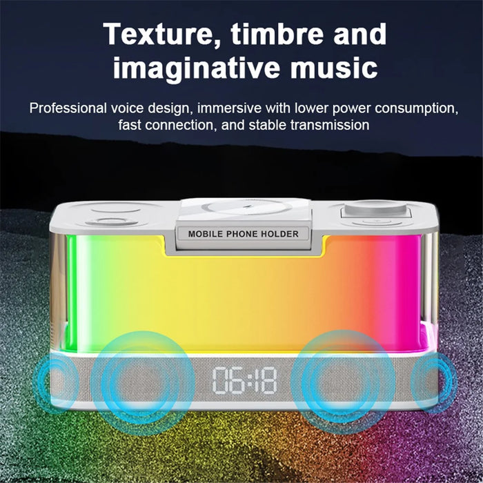 QXF-R8 Desktop Bluetooth-compatible Speaker Clock Atmosphere Light Magnetic Foldable Bracket Wireless Charger - 6