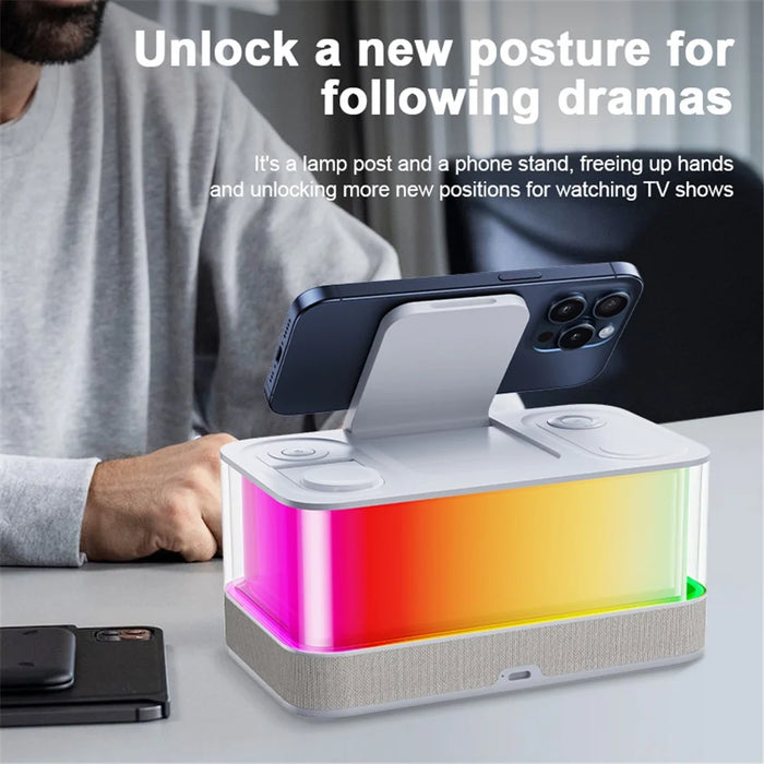 QXF-R8 Desktop Bluetooth-compatible Speaker Clock Atmosphere Light Magnetic Foldable Bracket Wireless Charger - 7