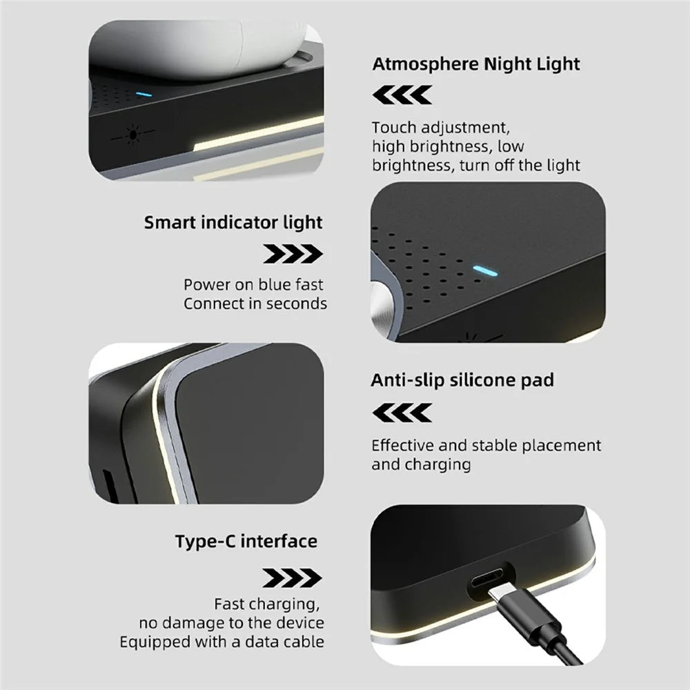 HT-556 Multifunctional Foldable 15W Wireless Phone Charger for Earbuds, Apple Watch Series - Black - 5
