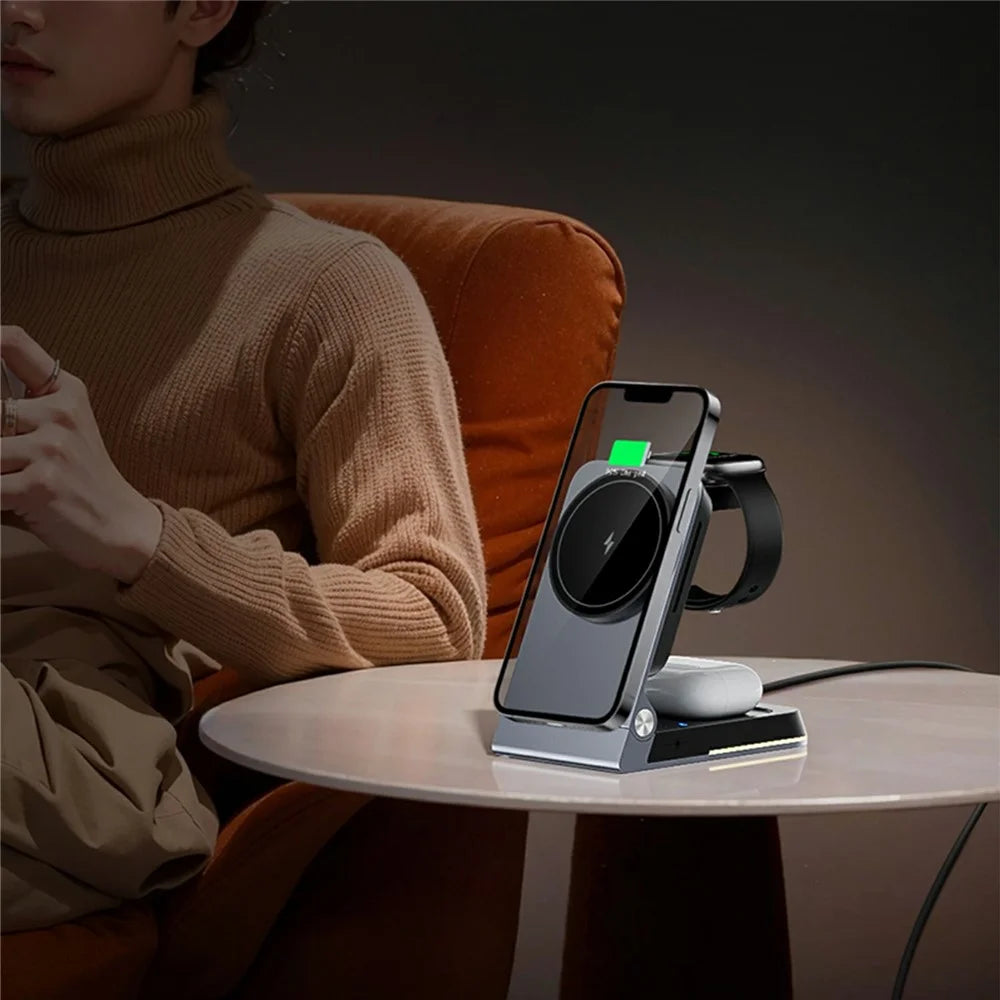 HT-556 Multifunctional Foldable 15W Wireless Phone Charger for Earbuds, Apple Watch Series - Black - 7