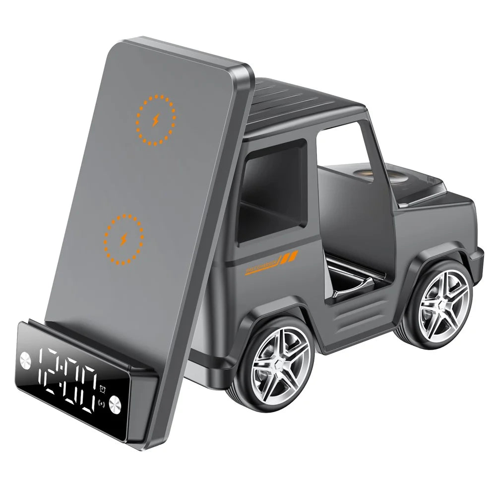 G63 6-in-1 Car Shape 15W Desktop Wireless Charger Bluetooth-compatible Speaker Clock Atmosphere Light - Grey - 1