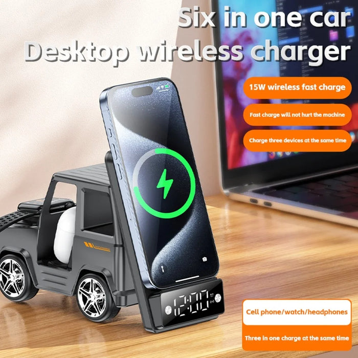G63 6-in-1 Car Shape 15W Desktop Wireless Charger Bluetooth-compatible Speaker Clock Atmosphere Light - Grey - 4