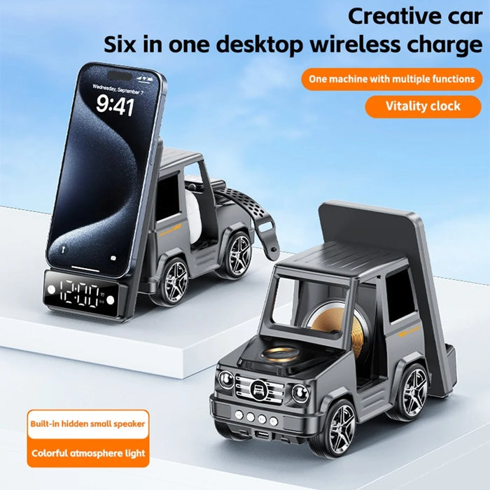 G63 6-in-1 Car Shape 15W Desktop Wireless Charger Bluetooth-compatible Speaker Clock Atmosphere Light - Grey - 5