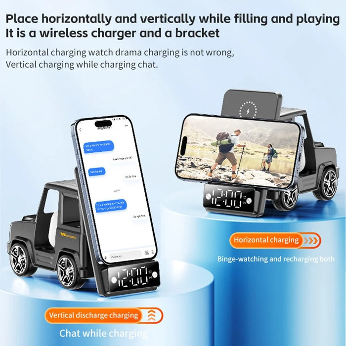 G63 6-in-1 Car Shape 15W Desktop Wireless Charger Bluetooth-compatible Speaker Clock Atmosphere Light - Grey - 6