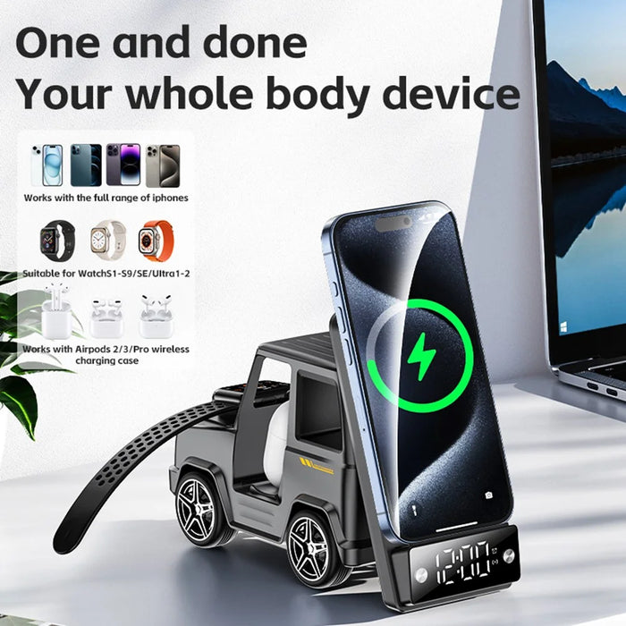G63 6-in-1 Car Shape 15W Desktop Wireless Charger Bluetooth-compatible Speaker Clock Atmosphere Light - Grey - 7