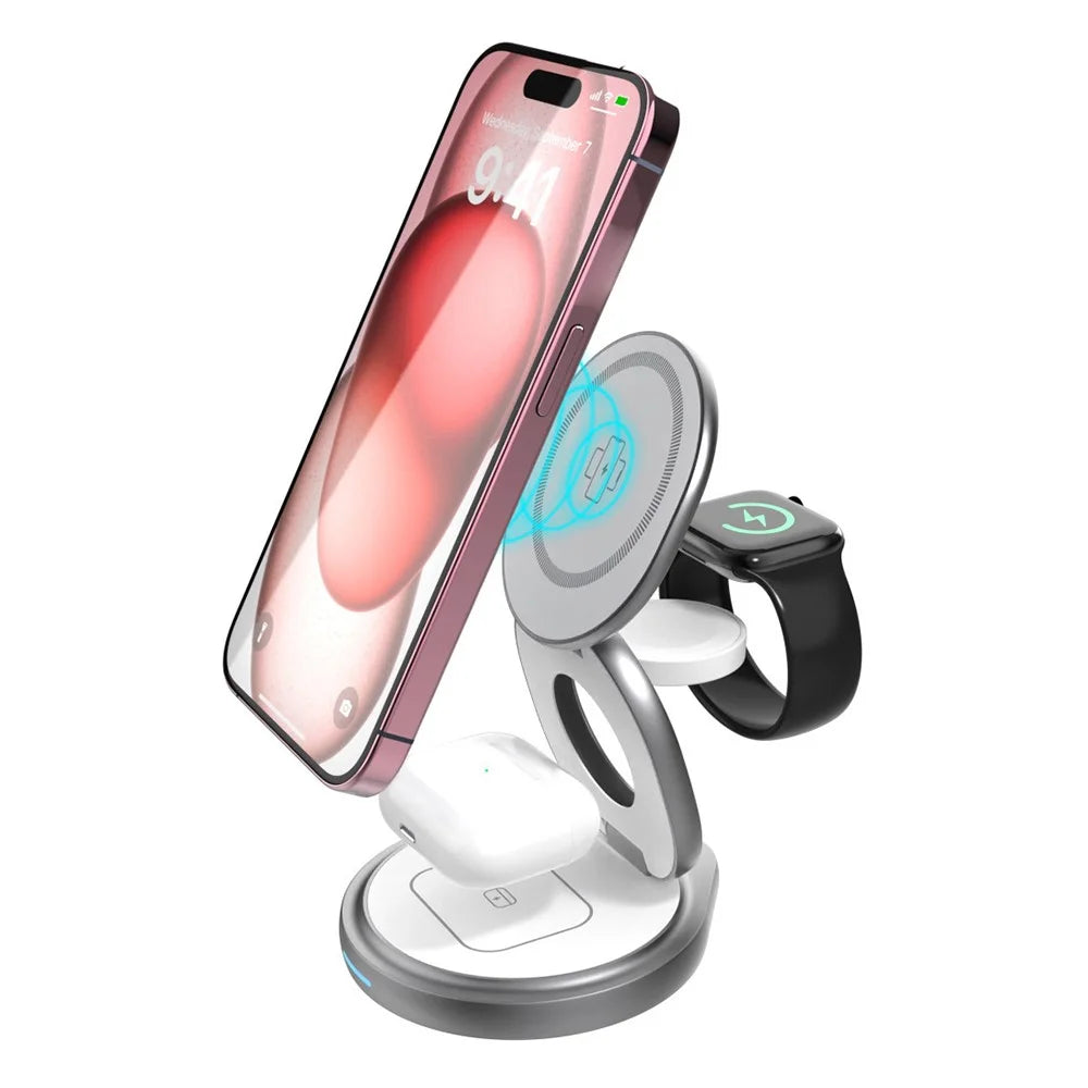 For iPhone 16 3-in-1 Magnetic Wireless Charger 360° Rotatable Zinc Alloy Stand - White - 1
