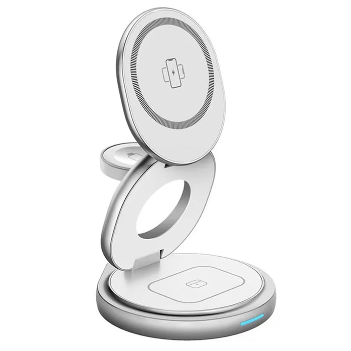 For iPhone 16 3-in-1 Magnetic Wireless Charger 360° Rotatable Zinc Alloy Stand - White - 2