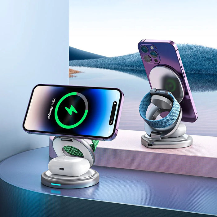 For iPhone 16 3-in-1 Magnetic Wireless Charger 360° Rotatable Zinc Alloy Stand - White - 3