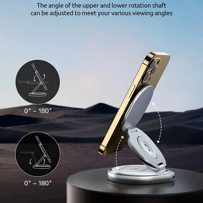 For iPhone 16 3-in-1 Magnetic Wireless Charger 360° Rotatable Zinc Alloy Stand - White - 4