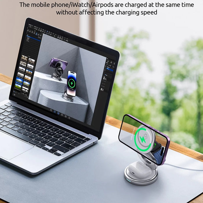 For iPhone 16 3-in-1 Magnetic Wireless Charger 360° Rotatable Zinc Alloy Stand - White - 6