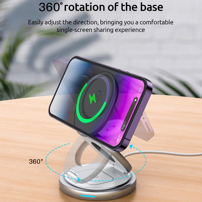 For iPhone 16 3-in-1 Magnetic Wireless Charger 360° Rotatable Zinc Alloy Stand - White - 7
