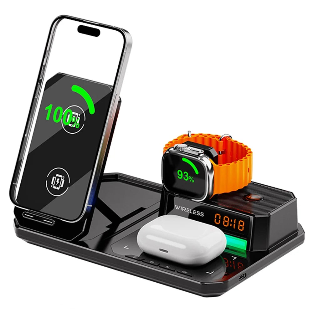 C18 6-in-1 Wireless Charger Digital Charging Station with Bluetooth-compatible Speaker RGB Light - Black - 1